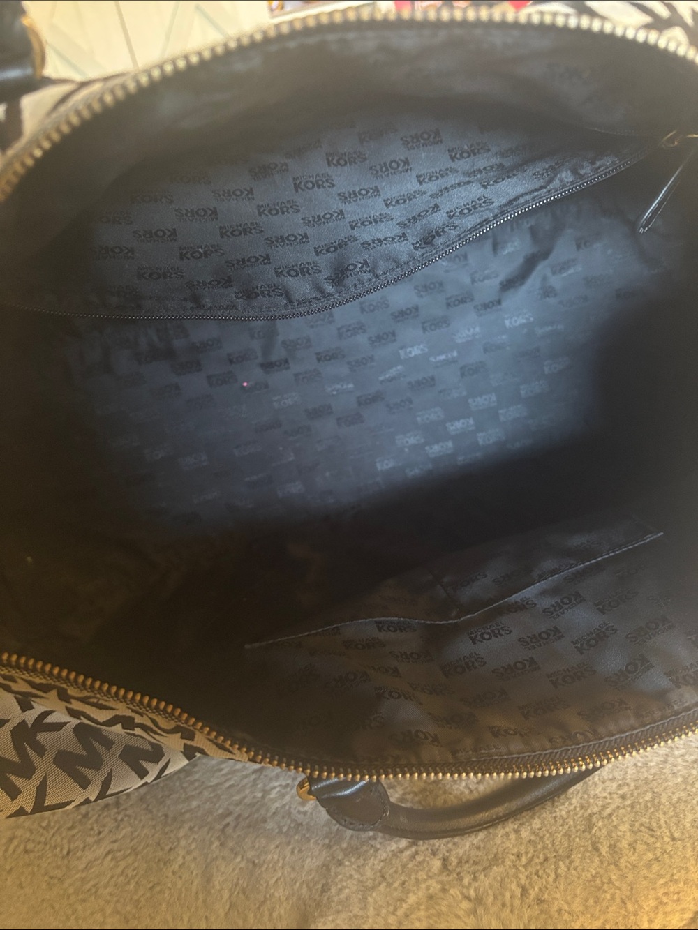 Michael Kors Black and Tan MK Logo Canvas Weekender Tote - Picture 2 of 4